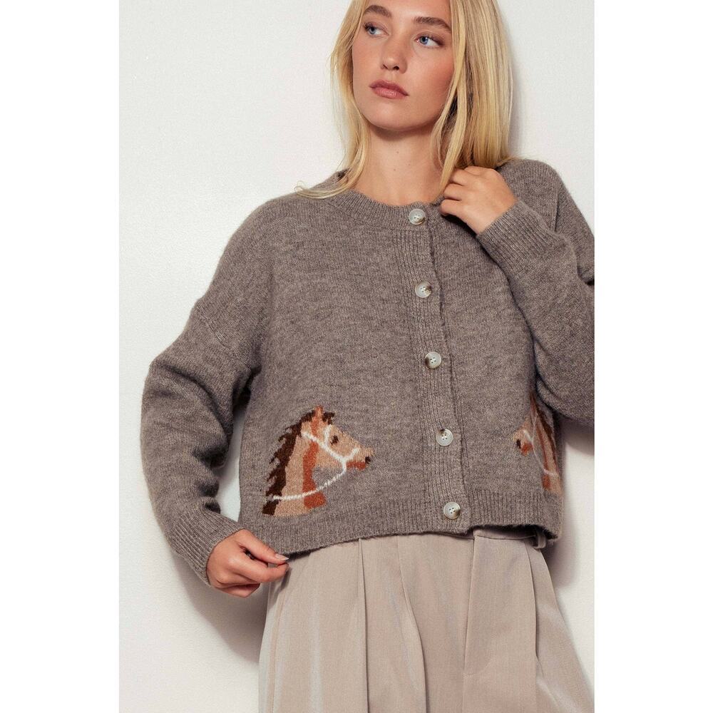 Urban Daizy Western Horse Graphic Ribbed Trim Crew Neck Cardigan